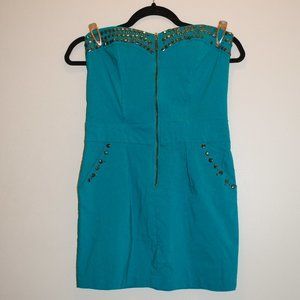 80s Studded Teal Strapless Dress with Pockets